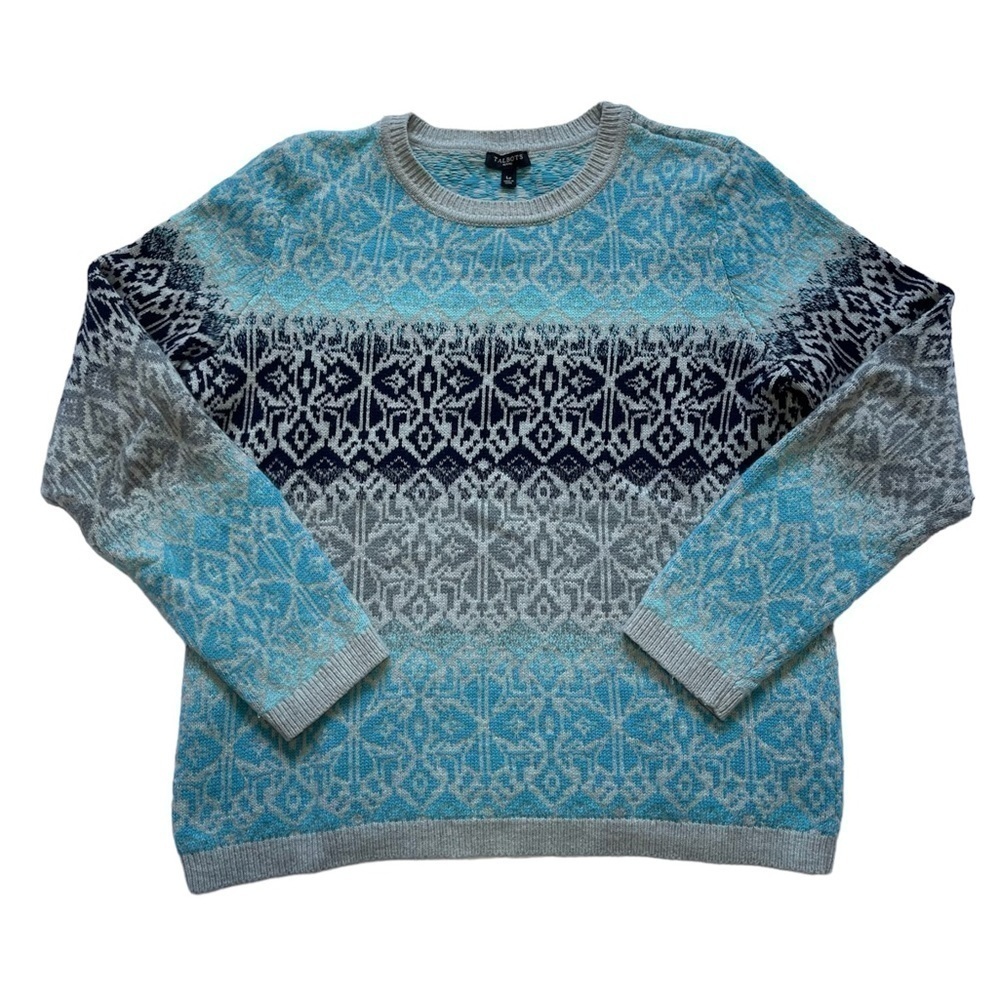 Talbots Blue & Gray Fair Isle Wool Blend Knit Sweater US LP